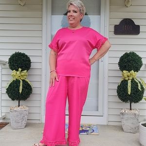 SHEIN Hot Pink Fringe Short Sleeve Top & Wide Leg Cropped Pants Set
